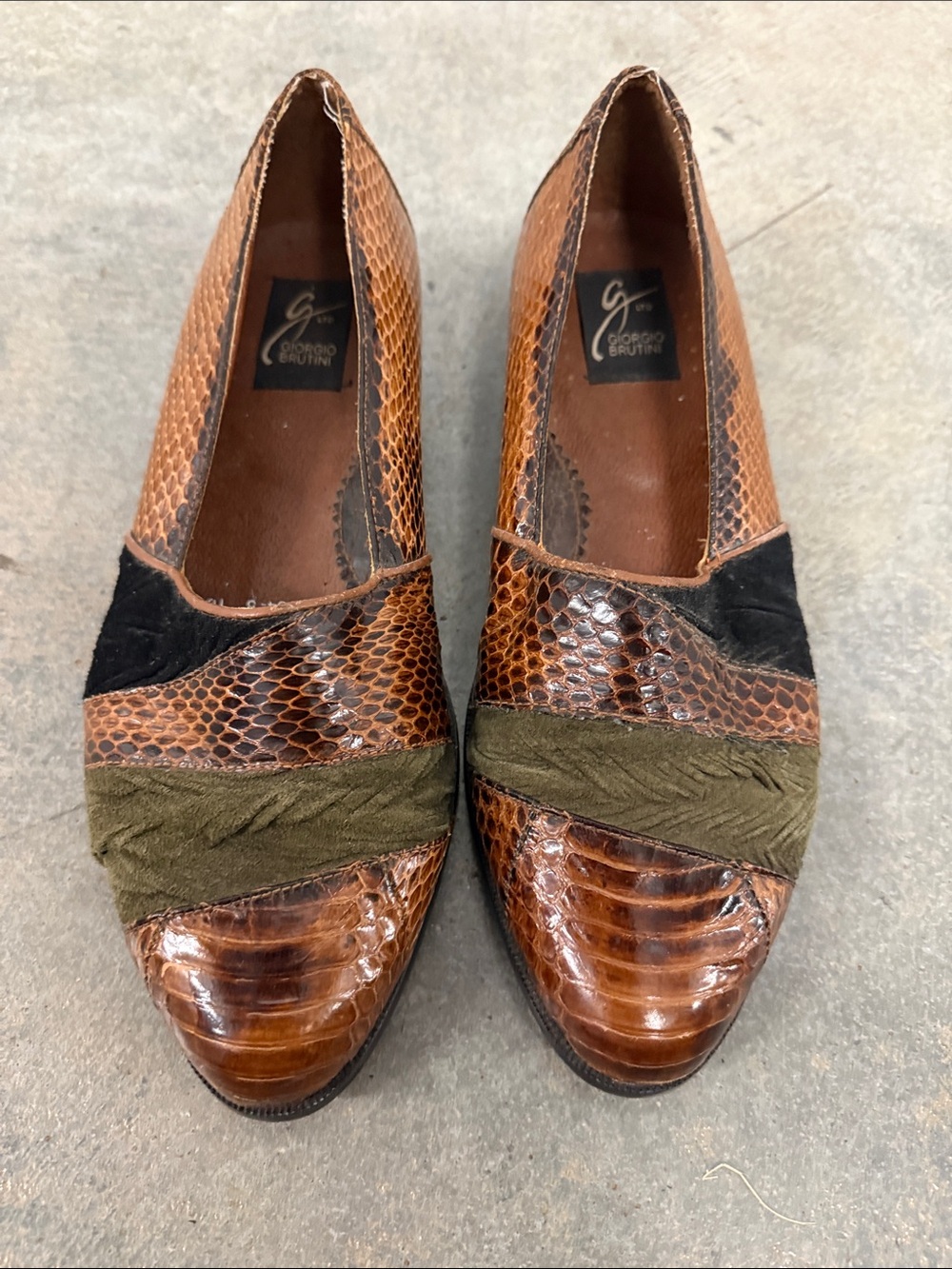 Giorgio Brutini Brown Snake-Embossed Loafers with Olive and Black Accents